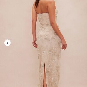 Fashion Nova Strapless Cream Floral Embroidered Midi Dress